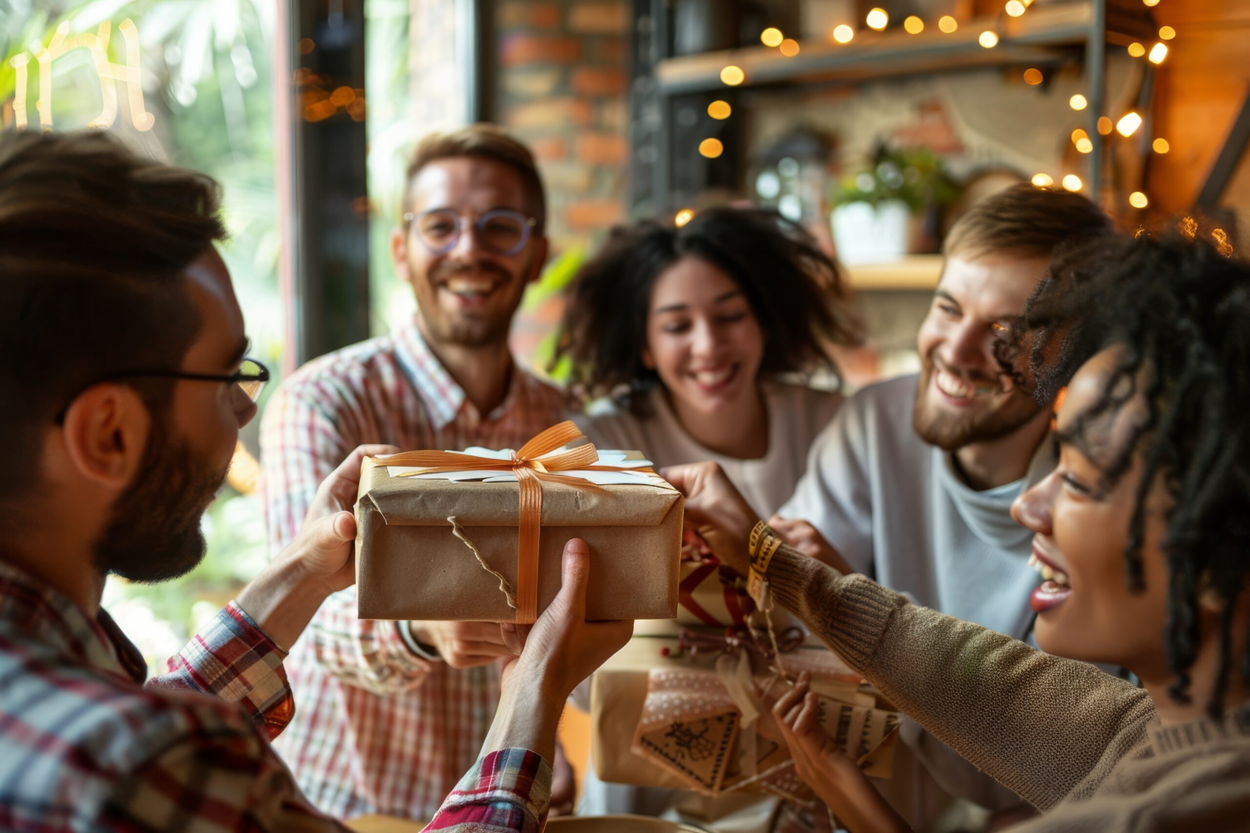 A group of friends exchange gifts while smiling and laughing in